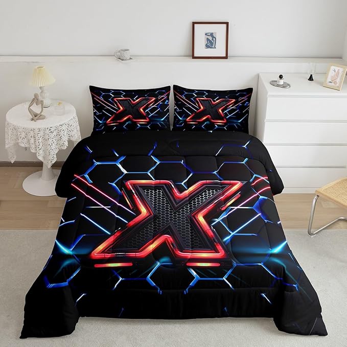 Manfei Geometric Honeycomb Kids Comforter Set Queen Size,Blue Neon Hexagon Abstract Bedding Set for Boys Girls Man Room Decor,Light Gaming Fashion Down Comforter,Red Black Duvet Insert,2 Pillowcases