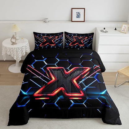 Manfei Geometric Honeycomb Kids Comforter Set Full Size,Blue Neon Hexagon Abstract Bedding Set for Boys Girls Man Room Decor,Light Gaming Fashion Down Comforter,Red Black Duvet Insert,2 Pillowcases