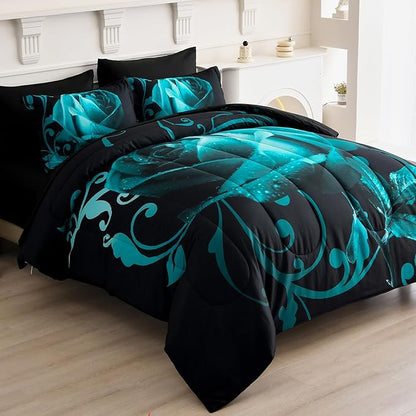 WONGS BEDDING Teal Green Comforter Set Queen, Reversible Rose 7 Pieces Bed in a Bag, Lightweight Soft Microfiber Bedding Sets with Flat Sheet, Fitted Sheet, Pillowcases & Shams