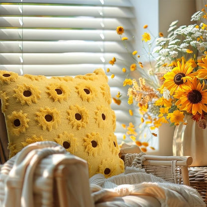 2 pcs Sunflower Throw Pillow Covers 18x18 Summer Flower Home Decor Farmhouse Decorative Pillow Covers Soft Plush Faux Fur Wool Pillowcase for Sofa Bed Living Room Housewarming Gifts