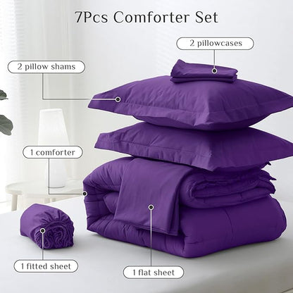 JOLLYVOGUE Queen Comforter Set, Ultra-Soft Bed in a Bag Queen Size 7 Pieces, Oeko-TEX Certified Bedding Set with Down Alternative Comforter, Sheets, Pillowcases & Shams, Purple