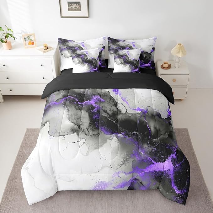 Erosebridal Black Purple Marble Bed in a Bag 7pcs Grey Marbling Bedding Set, Modern Aesthetic Full Size Comforter Set Mountain Fluid Bedding Comforter Sets, Foil Print Stone Pattern Bed Set