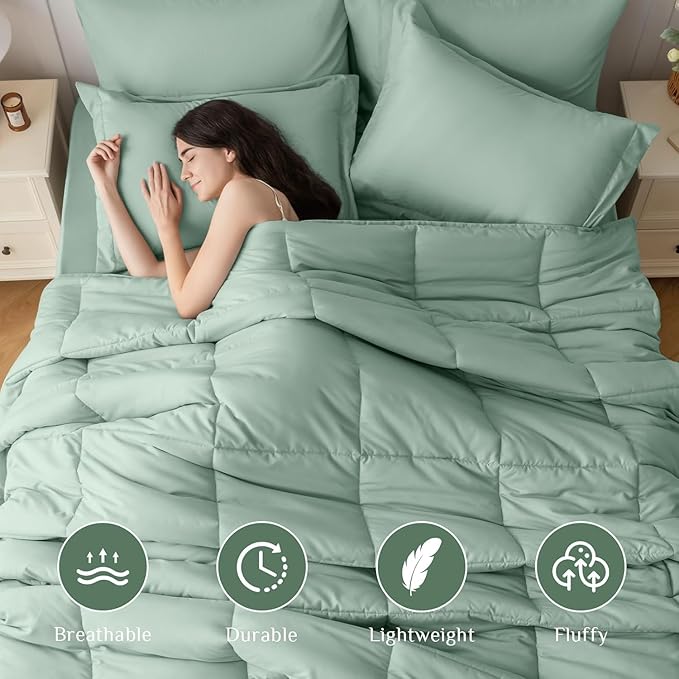 JOLLYVOGUE Twin Comforter Set, Ultra-Soft Bed in a Bag Twin Size 5 Pieces, Oeko-TEX Certified Bedding Set with Down Alternative Comforter, Sheets, Pillowcases & Shams, Sage Green