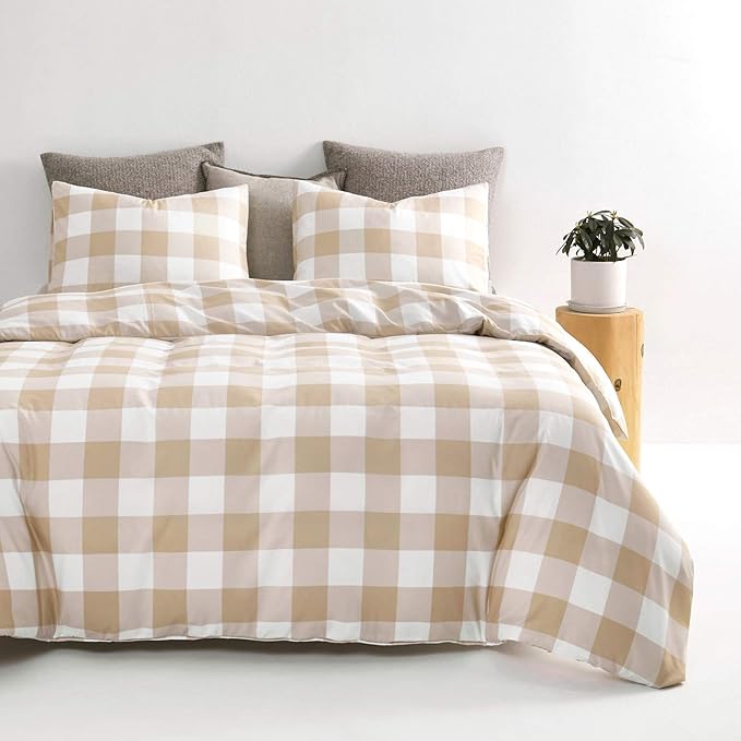 Wake In Cloud - Gingham Comforter Set, Plaid Buffalo Check Checkered Cottagecore Cute Geometric, Soft Lightweight Bedding, 3 Pieces, Beige, Twin/Twin XL Size