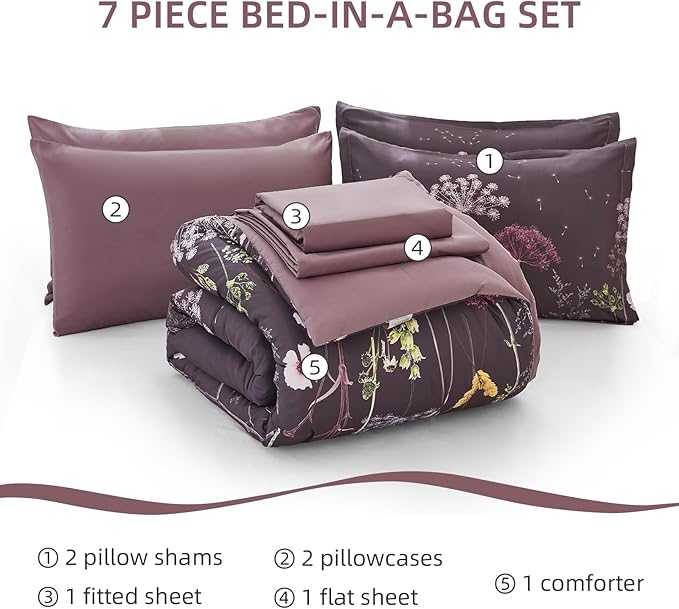 Yiran Purple Comforter Set Queen Size, 7 Piece Floral Dandelion Comforter Bedding Set, Botanical Bed in a Bag Queen, Soft Microfiber Complete Bedding Set with Sheets for All Season