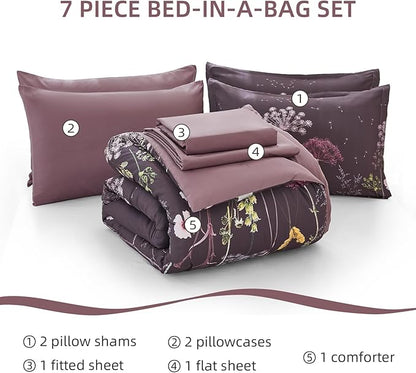 Yiran Purple Comforter Set Queen Size, 7 Piece Floral Dandelion Comforter Bedding Set, Botanical Bed in a Bag Queen, Soft Microfiber Complete Bedding Set with Sheets for All Season