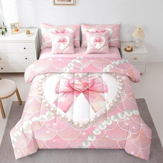 jejeloiu Girls Pink Bowknot 7 Piece Bedding Set King Size White Pearl Comforter Set with Sheets for Kids Women Glitter Mermaid Bed in a Bag Princess Style Bed Set