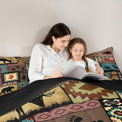 Rustic Cabin Bedding Comforter Sets Queen Size, Lodge Bear Bedding Sets, Southwestern Quilt Duvet Moose Deer Country Farmhouse Animal Wildlife Hunting Brown Patchwork Plaid Quilt, 2 Pillowcases