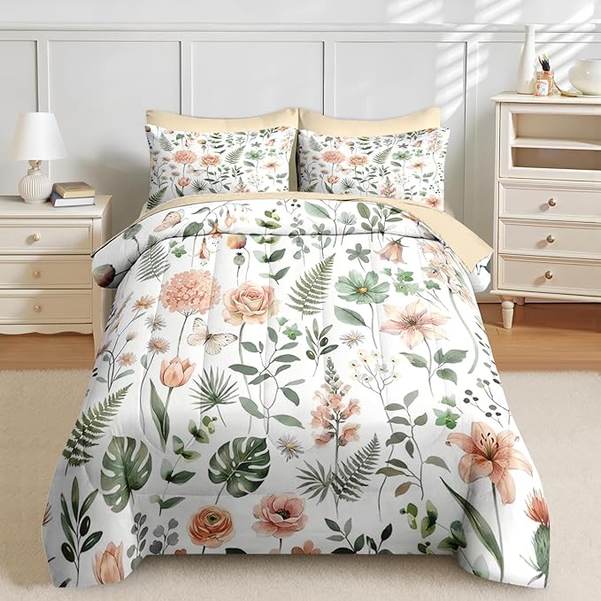 Nesker 7 Pcs Spring Comforter Set Full Size, Green Floral Bedding Set for Kids and Adults, Fern Rose Tulip Bed Sheet Sets with Fitted Sheet 2 Pillowcases & 2 Shams