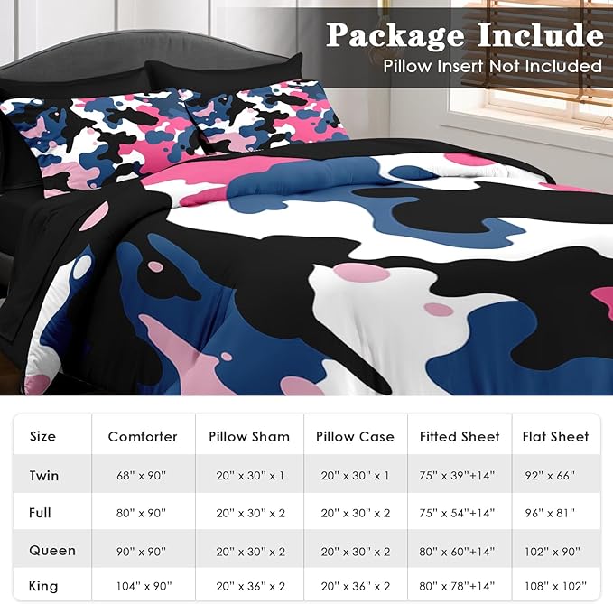 Comforter Set Queen Size, Camo Army 7 Pcs Bedding for Kids and Adults, Pink Blue Black Camouflage Bed Sheet Sets with Fitted Sheet 2 Pillowcases & 2 Shams for Bedroom Bed Decor