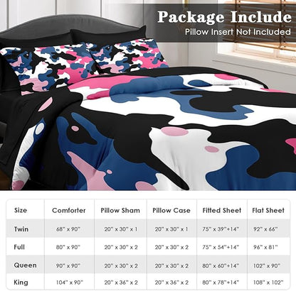Comforter Set Queen Size, Camo Army 7 Pcs Bedding for Kids and Adults, Pink Blue Black Camouflage Bed Sheet Sets with Fitted Sheet 2 Pillowcases & 2 Shams for Bedroom Bed Decor