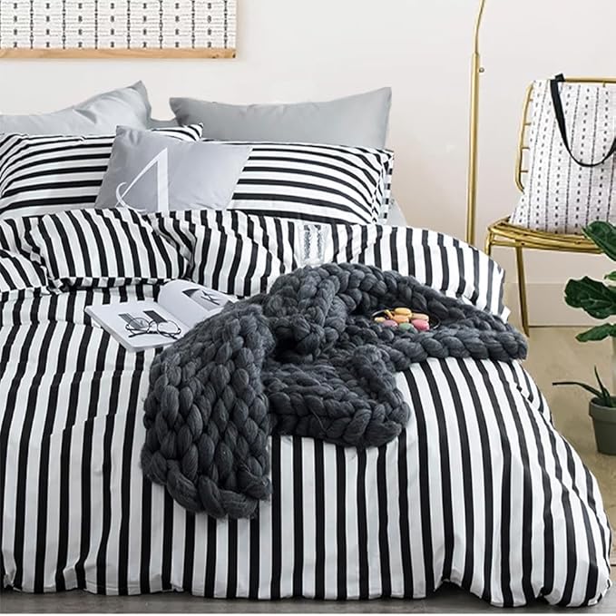 Karever White and Black Striped Comforter Set Full/Queen Soft Durable Striated Bedding Set Ticking Quilts for Girls Boys Hotel Quality