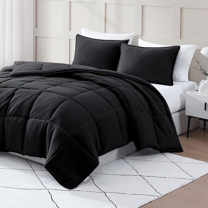 Casa Platino King Size Comforter Set - Pre-Washed Ultra Soft, Breathable & Cozy, 100% Brushed Microfiber Duvet Insert - Fade Resistant Bed Comforter - Black