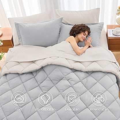 MUXHOMO 7 Pieces Full Comforter Set, Reversible Bed in a Bag Full Size, All Season Bedding Set with Comforter, Flat Sheet, Fitted Sheet, Pillowcases & Shams, Light Grey & Beige