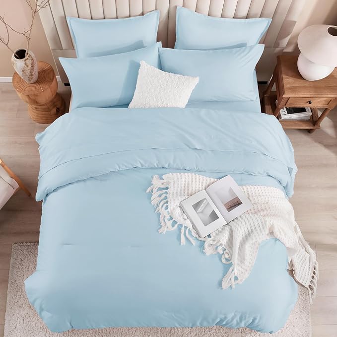 Litanika Twin/Twin XL Size Comforter Sets Grey Light Blue - 5 Pieces Bed in a Bag Twin/Twin XL Bedding Comforter Sets, Solid Lightweight Bed Set with Comforter, Sheets, Pillowcase & Sham