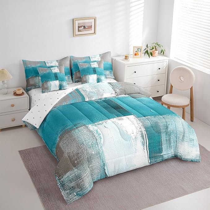 Erosebridal Blue White Grey King Comforter Set 7-Piece Aesthetic Bed in a Bag, Gradient Bedding Comforter Sets Modern Bedding Set (Comforter, Fitted Sheet, Flag Sheet, Pillowcase, Throw Pillow Cover)