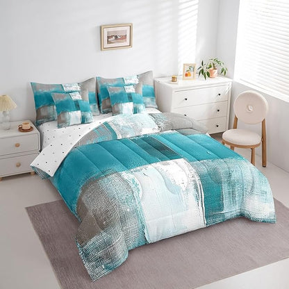 Erosebridal Blue White Grey Full Comforter Set 7-Piece Aesthetic Bed in a Bag, Gradient Bedding Comforter Sets Modern Bedding Set (Comforter, Fitted Sheet, Flag Sheet, Pillowcase, Throw Pillow Cover)