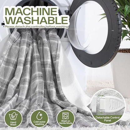 Electric Blanket Heated Twin, 62" x 84" Double-Sided Flannel＆Sherpa Heated Blanket with 8 Heat Levels & 10 Hours Auto Off, Fast Heating Blankets with ETL & FCC Certification, Grey Plaid