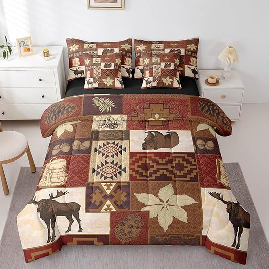 Erosebridal Buffalo Plaid 7 Piece Comforter Set Cabin Decor,Bear Elk Deer Wild Animal Bedding Sets Fall Leaves Pine Cones Bed Sheets Wildlife Hunting Theme Quilt Bohemian Floral Bed in a Bag,Twin