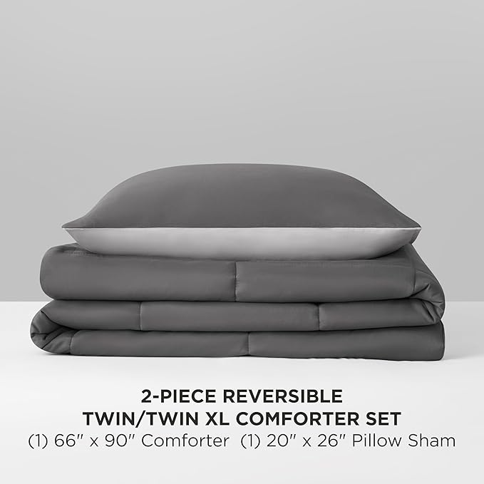 Reversible Box Stitch Comforter Set, 2-Piece Twin/Twin XL – Dark Grey/Light Grey – Stylish Bedding Set