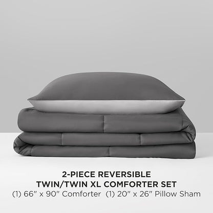 Reversible Box Stitch Comforter Set, 2-Piece Twin/Twin XL – Dark Grey/Light Grey – Stylish Bedding Set