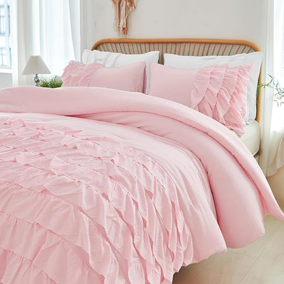PERFEMET Pink Ruffled Comforter Set Twin Multi-Layers Ruffle Bedding for Girls Princess Bedding Set Kids Chic Room Decor (Light Pink，Twin)