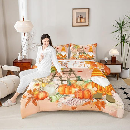 Fall Gnomes Comforter Set King Fall Thanksgiving Pumpkin Bedding Set For Girls Teen Women Rustic Farm Autumn Harvest Decor Comforter Sunflower Maple Leaf Quilted Duvet Orange Red Fall Bedroom Decor