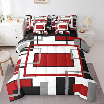 Erosebridal 7Pcs Red Black White Abstract Geometric Comforter Set Full,Aesthetics Art Modern Bed in A Bag for Minimalist,Mid Century Modern Bedding with Bed Sheets,Contemporary Boho Striped Quilt