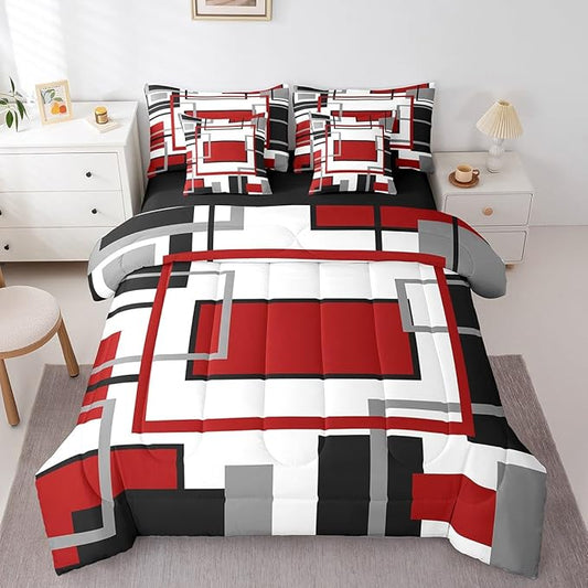 Erosebridal 7Pcs Red Black White Abstract Geometric Comforter Set Twin,Aesthetics Art Modern Bed in A Bag for Minimalist,Mid Century Modern Bedding with Bed Sheets,Contemporary Boho Striped Quilt