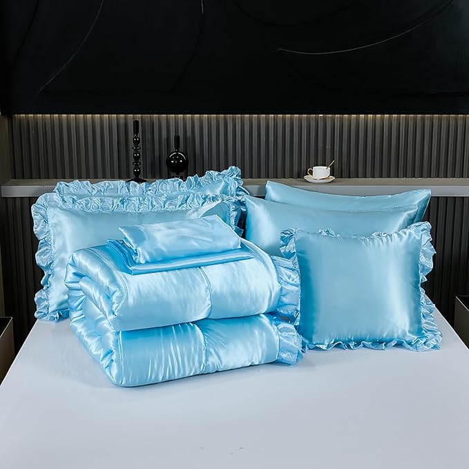 Silky Comforter Set with Sheet Set Full 8 Pcs Baby Blue Bed in a Bag Light Blue Bedding Set Silk Like Satin Ruffle Pattern Home Deocr Sexy Hotel Silky Bed Set with 1 Cushion Cover