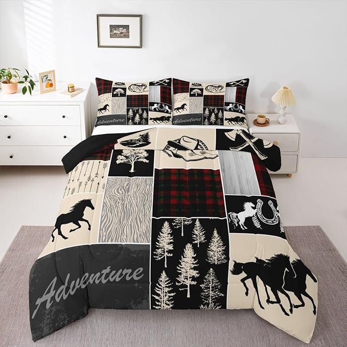 Erosebridal Southwest Horse Bedding Set for Kids, Western Horseshoe Comforter Set Cowboys Cowgirls Riding Boots Quilt for Boys Teens Adult, Forest Rustic Farmhouse Adventure Duvet Insert, Queen Size