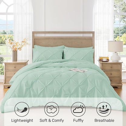 UNIKOME Queen Comforter Set Sage Green - Ultra Soft Boho Pintuck Down Alternative Bedding Set for All Seasons, 3 Pieces Lightweight Warm Pinch Pleat Bed Set with Comforter, 2 Pillowcases