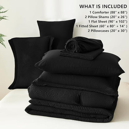 CozyLux Queen Comforter Set Black - 7 Pieces Striped Seersucker Bed in a Bag, Soft Lightweight Boho Bedding Set with All Season Comforters Queen Size, Sheets, Pillowcases & Shams