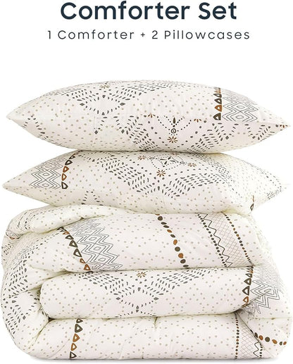 Wake In Cloud - Boho Comforter Set, Farmhouse Bohemian Western Aztec Neutral Aesthetic, Soft Lightweight Bedding, 3 Pieces, Beige, Queen Size