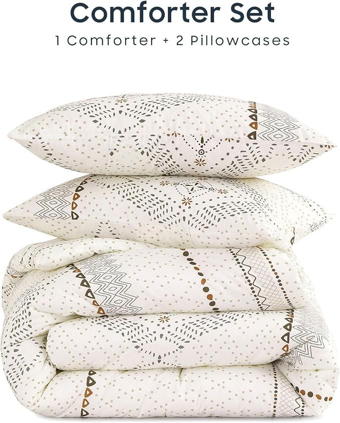 Wake In Cloud - Boho Comforter Set, Farmhouse Bohemian Western Aztec Neutral Aesthetic, Soft Lightweight Bedding, 3 Pieces, Beige, California King Size