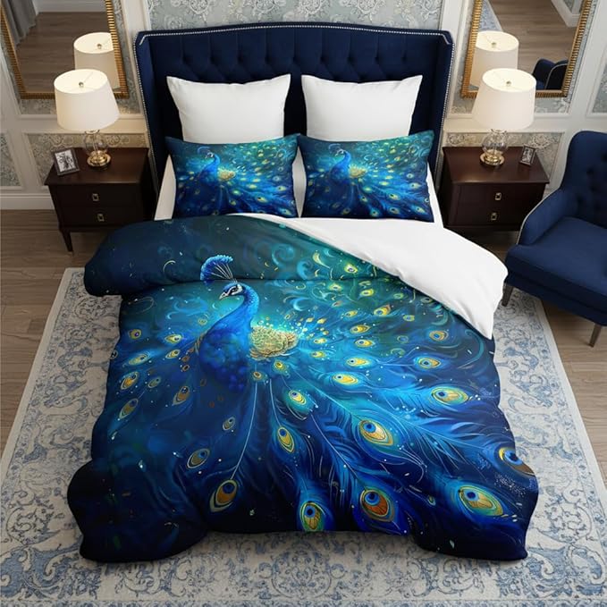 Blue Peacock Queen Size Comforter Set,Bird Animal Feather Bedding Sets, Victorian Ultra Soft Fluffy Microfiber Comforter with 2 Pillowcases, 90''x 90''