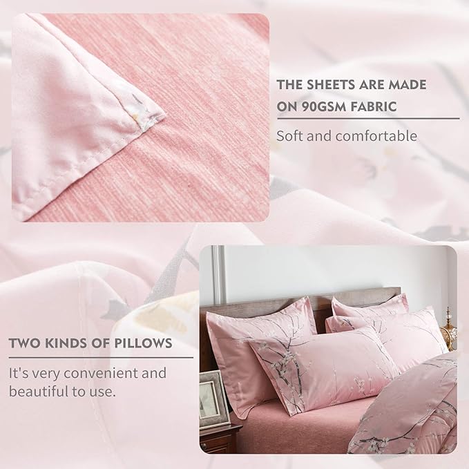 AIKASY Bed in a Bag 7 Pieces Queen Size - Floral Print - Soft Microfiber, Reversible Bed Comforter Set (1 Comforter, 2 Pillow Shams, 1 Flat Sheet, 1 Fitted Sheet, 2 Pillowcases)（Pink）