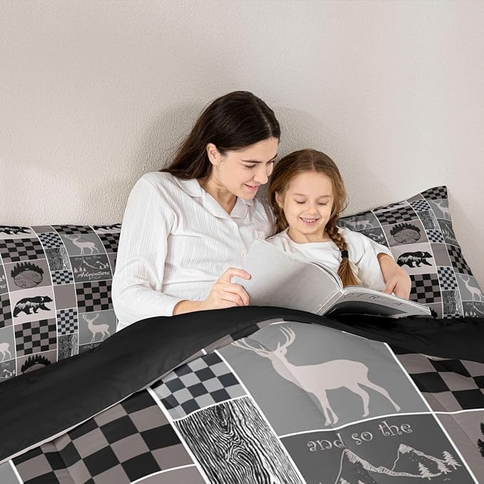Cabin Bear Deer Comforter Set For Boys, Rustic Retro Country Animal Quilt Full Size, Hunting Camper Lodge Bedding Comforter Sets Adventure Vintage Western Farmhouse Duvet Insert, Brown Gray Black