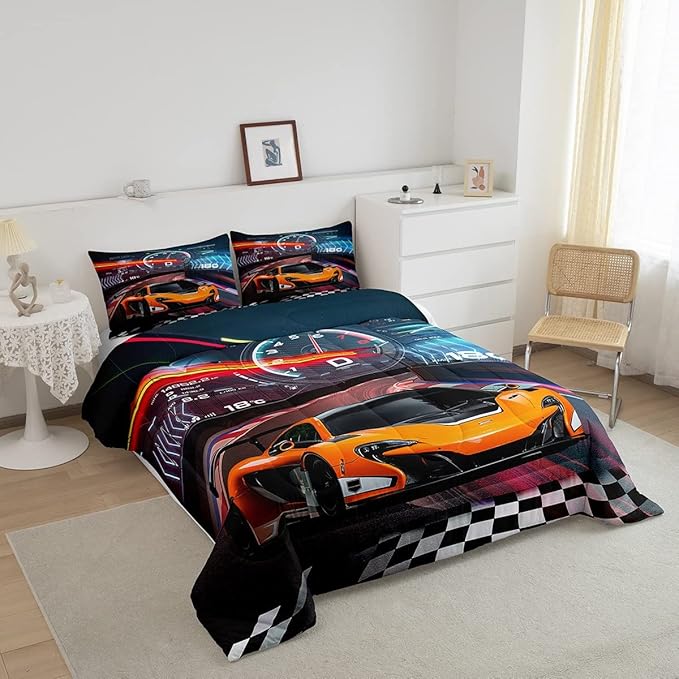 Feelyou Race Car Bedding Set Boys Extreme Sports Comforter Set for Kids Boys Cool Car Comforter Car Sports Quilt Set 1 Comforter Set with 2 Pillowcases King Size