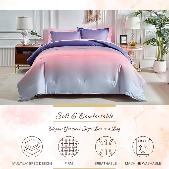Grey Pink and Purple Gradient Comforter Set Twin Size 6 Pieces Elegant Ombre Bed in a Bag - Reversible All Season Bedding Set with Comforter, Flat Sheet, Fitted Sheet, Pillowcase & 2 Pillow Shams