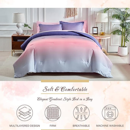 Grey Pink and Purple Gradient Comforter Set Queen Size 7 Pieces Elegant Ombre Bed in a Bag - Reversible All Season Bedding Set with Comforter, Flat Sheet, Fitted Sheet, 2 Pillowcases & 2 Pillow Shams