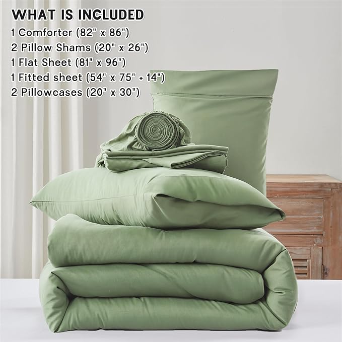 Anluoer Sage Green Full Comforter Set 7 Pieces, Bed in a Bag with Sheets, All Season Bedding Sets with 1 Comforter, 2 Pillow Shams, 2 Pillowcases, 1 Flat Sheet, 1 Fitted Sheet