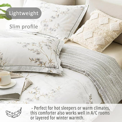 Vintage Botanical White Cotton Comforter King Size - Elegant Gray Flowers and Taupe Branches on White, Light Gray Striped Back, 3PC Lightweight Bedding Set with Ultra-Soft Alternative Fill
