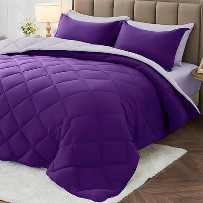 MUXHOMO 7 Pieces Oversized Queen Comforter Set, Reversible Bed in a Bag Oversized Queen Size, All Season Bedding Set with Comforter, Flat Sheet, Fitted Sheet, Pillowcases & Shams, Purple & Lavender