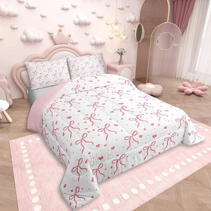 Erosebridal Pink Bowknot Toddler Size Comforter Set, Kawaii Bow Knot Bedding Set for Kids Girls Teens Women Bedroom, Dreamy Princess Bow-Tie Down Comforter, Cute Love Heart Duvet Insert