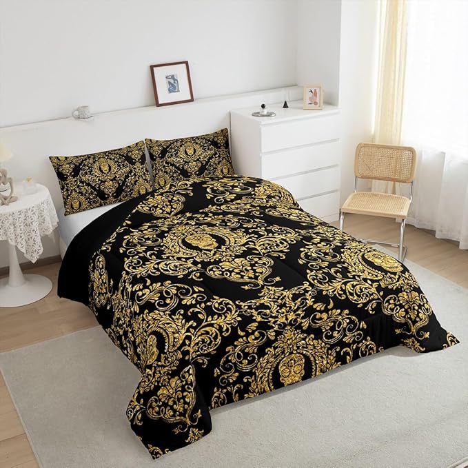 Feelyou Adults Golden Vintage Damask Floral Comforter Set Oriental Antique Comforter King Size Gothic Bohemia Boho Bedding Set Exotic Sugar Skull Duvet Set Quilt Set 3Pcs