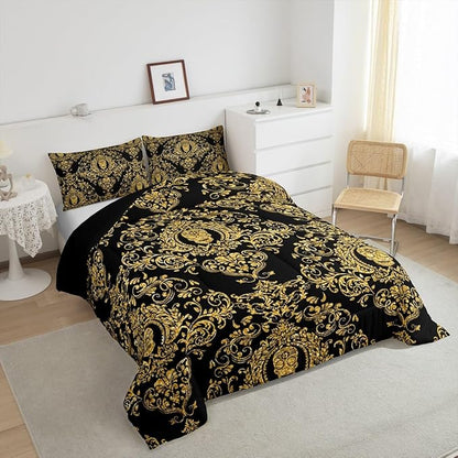 Feelyou Adults Golden Vintage Damask Floral Comforter Set Oriental Antique Comforter King Size Gothic Bohemia Boho Bedding Set Exotic Sugar Skull Duvet Set Quilt Set 3Pcs