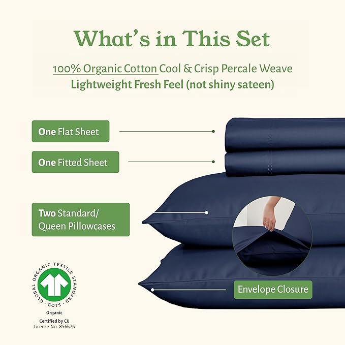 California Design Den Queen Size Sheet Set - Soft 100% Organic Cotton Bed Sheets with Deep Pockets, Crisp Percale, Breathable and Durable Bedding Set - Navy Blue