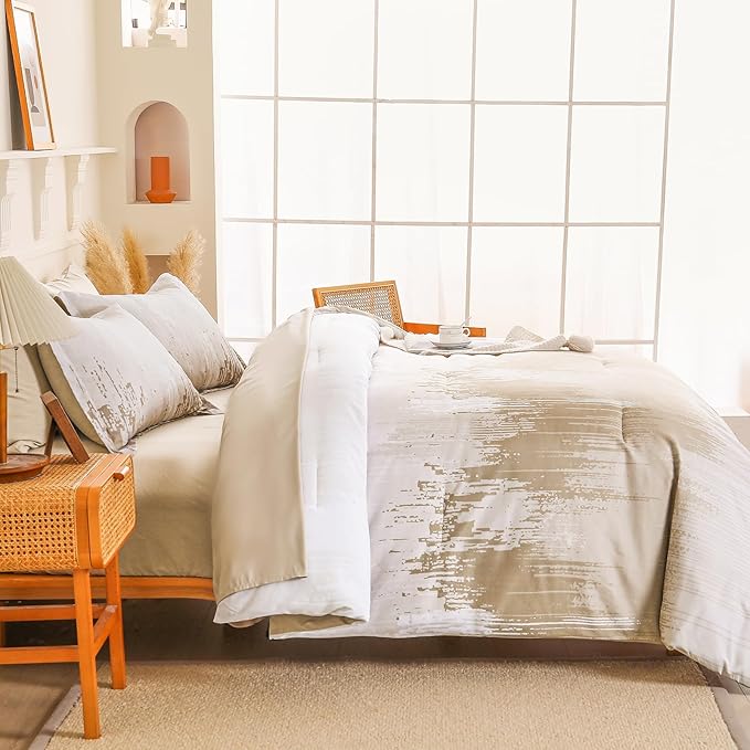 WONGS BEDDING Comforter Set Queen, Ombre Beige 7 Pieces Bed in a Bag Colorful Abstract Art Gradient Comforter Soft Microfiber Bedding Set with Flat Sheet, Fitted Sheet, Pillow Shams, Pillowcases
