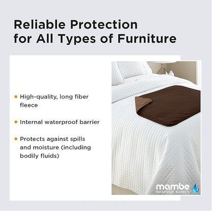 Mambe Silky Waterproof Throw for Protecting Furniture Bed Couch from Stains Caused by Dogs, Cats, Incontinence. Soft, Washable, Reversible. (Size Large 70x90 inches, Color Chocolate/Cappuccino)